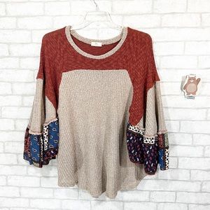 Hummingbird boho festival knit patchwork batwing sweater top size small